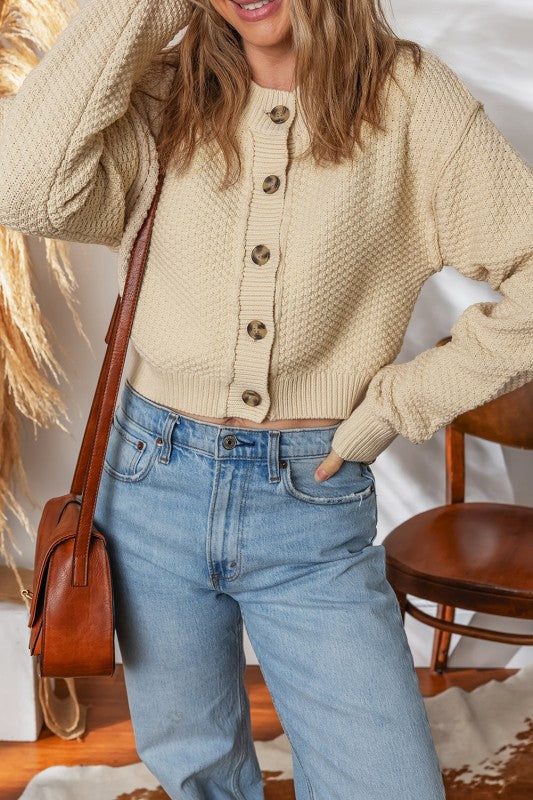 Solid Button-Up Cropped Cardigan Sweater