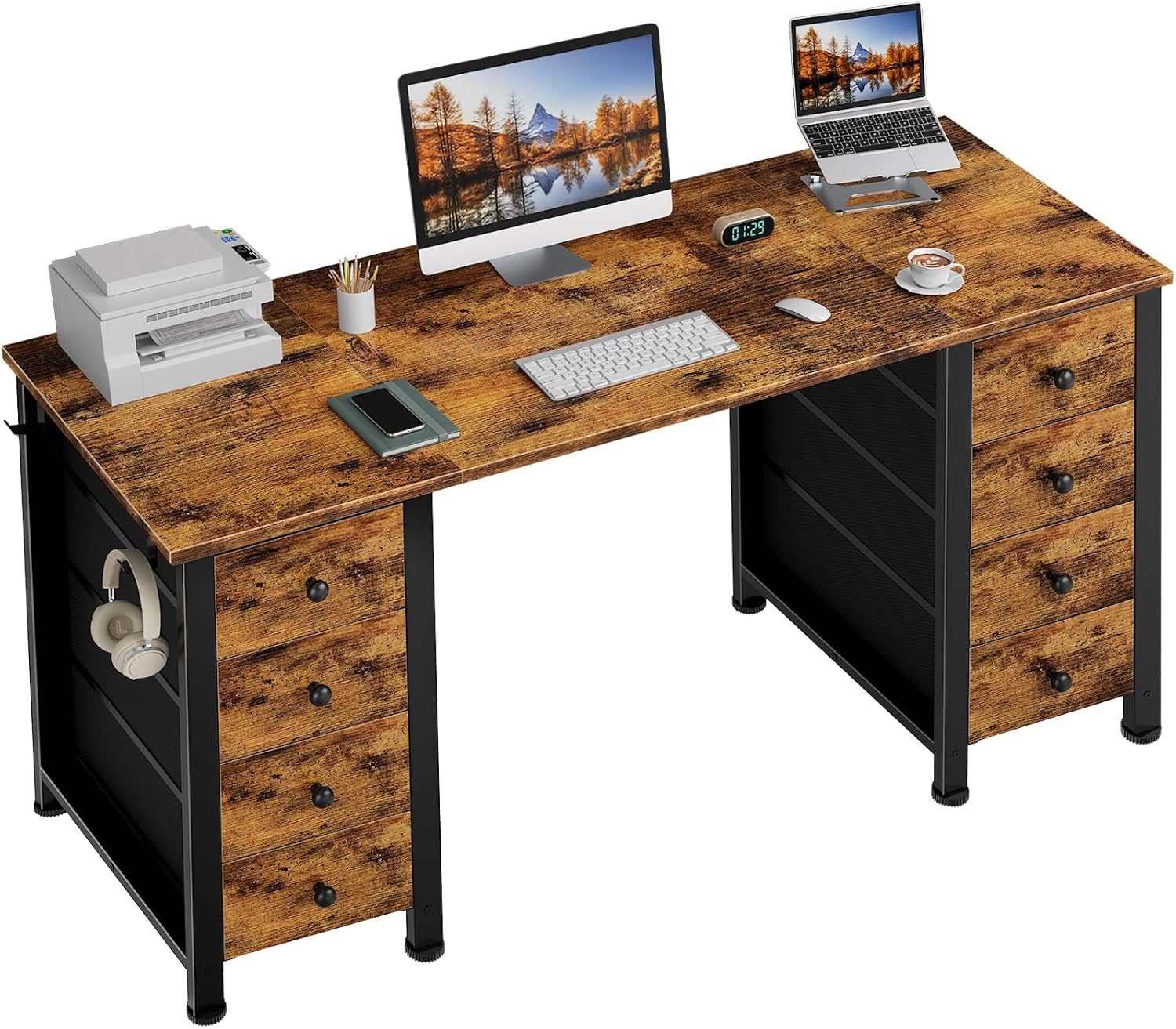 Home Office Desk With 8 Fabric Drawers For Storage, Easy Setup In Approximately 20 Minutes.
