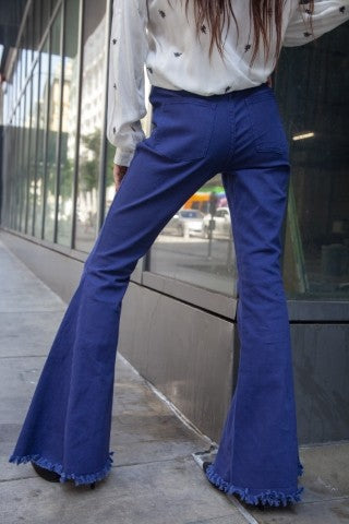 Women's Blue High Rise Wide Flare Jeans, Button Front, Stretch Fabric.