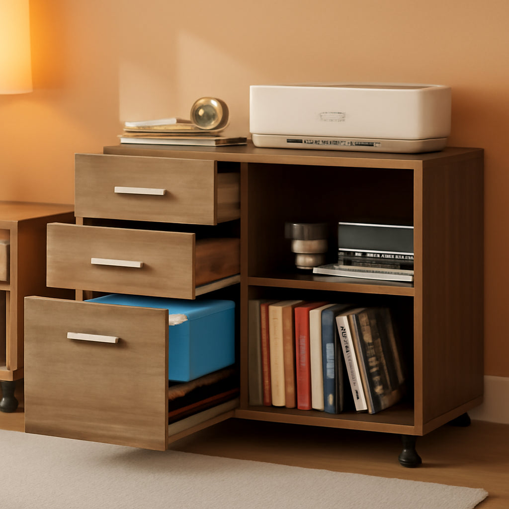 Three Drawer Mobile File Cabinet In Gray Oak With Open Shelves Printer Stand For Home Office-0