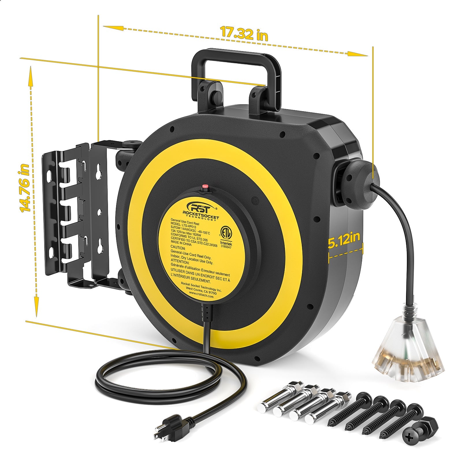 CRST 14AWG 50FT Retractable Cord Reel, Lighted Triple Tap, 13A Circuit Breaker, 180° Swivel, Auto Retraction, UL Listed, 36-Month Warranty-1