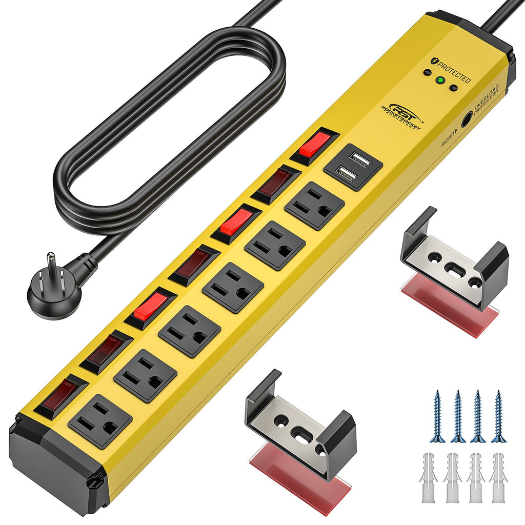 6 Outlet, Individual Switches, Mountable Metal. , With Dural USB Ports, 6FT Flat Plug Power Cord