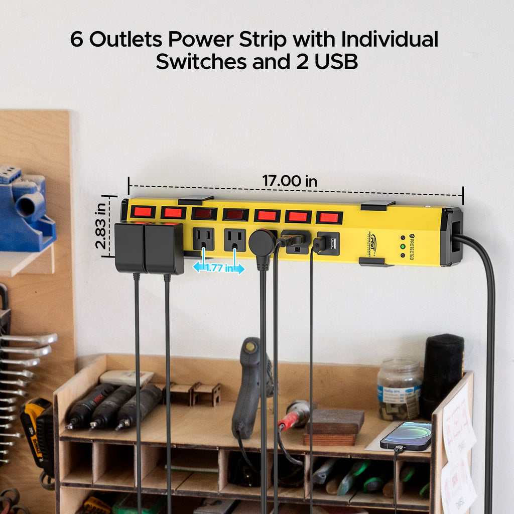 6 Outlet, Individual Switches, Mountable Metal. , With Dural USB Ports, 6FT Flat Plug Power Cord