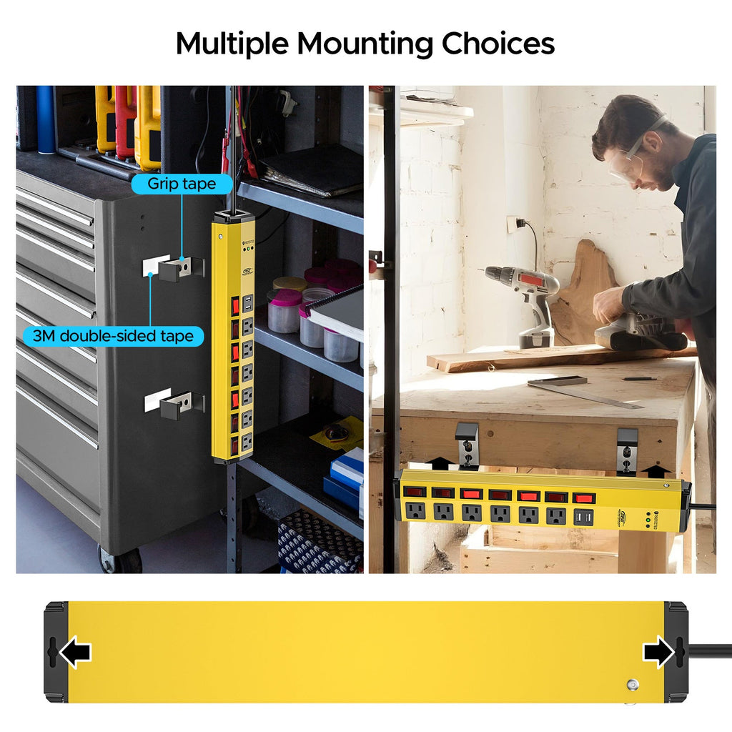 6 Outlet, Individual Switches, Mountable Metal. , With Dural USB Ports, 6FT Flat Plug Power Cord