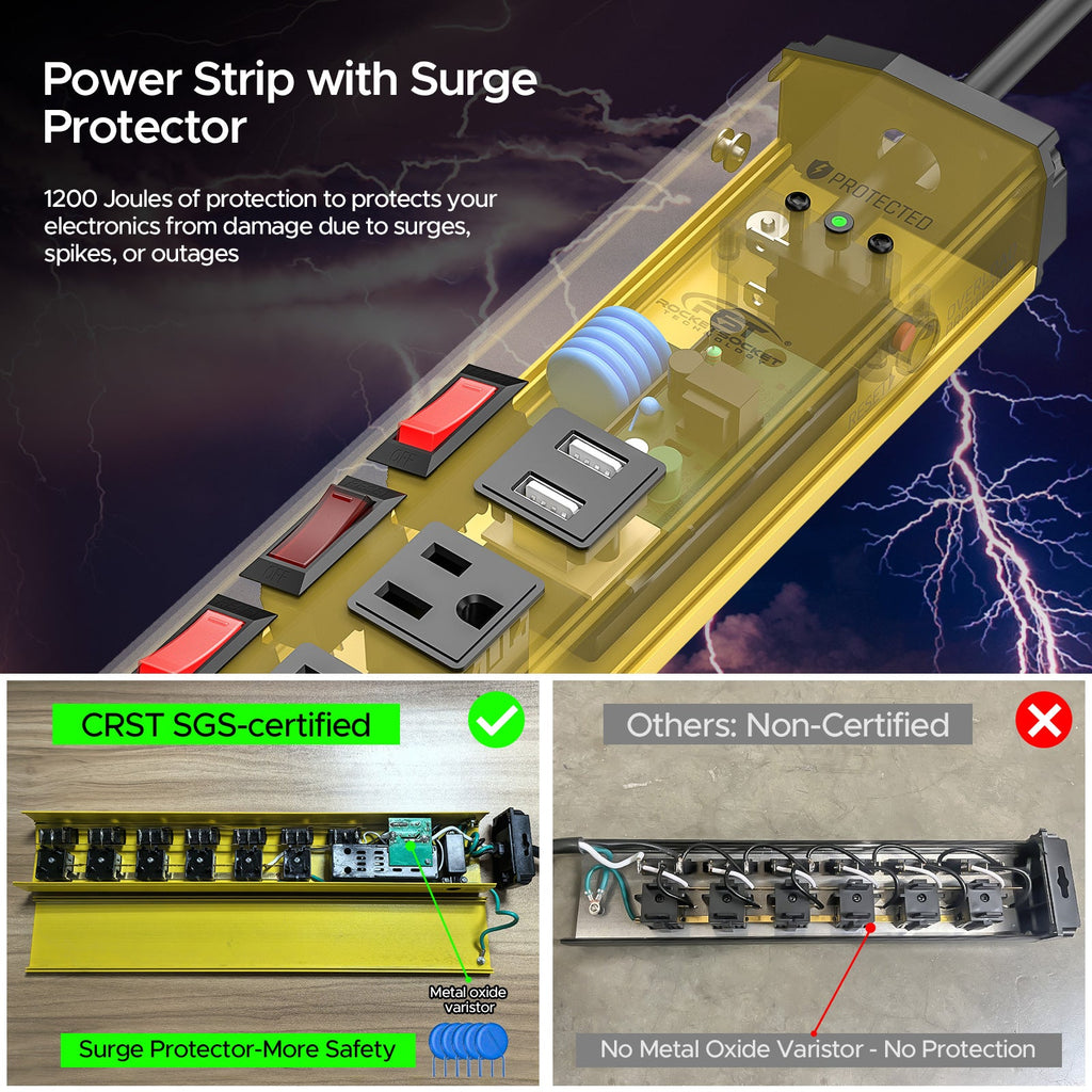 6 Outlet, Individual Switches, Mountable Metal. , With Dural USB Ports, 6FT Flat Plug Power Cord
