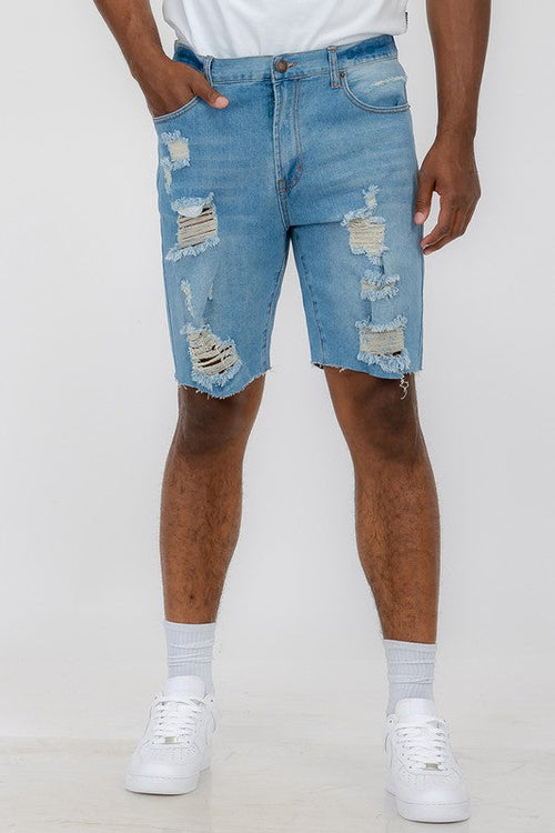 Men's Distressed Stretch Denim Shorts, 5 Pockets.