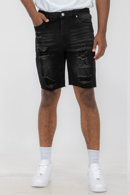 Men's Distressed Stretch Denim Shorts, 5 Pockets.