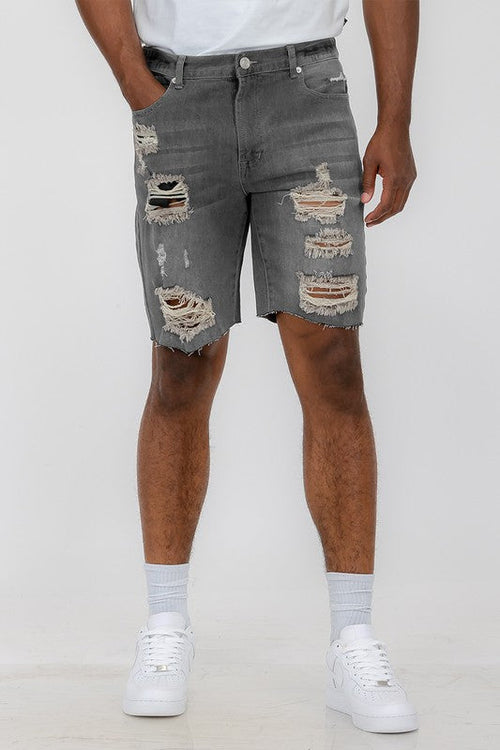 Men's Distressed Stretch Denim Shorts, 5 Pockets.