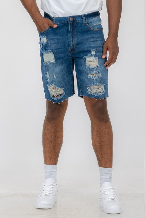 Men's Distressed Stretch Denim Shorts, 5 Pockets.