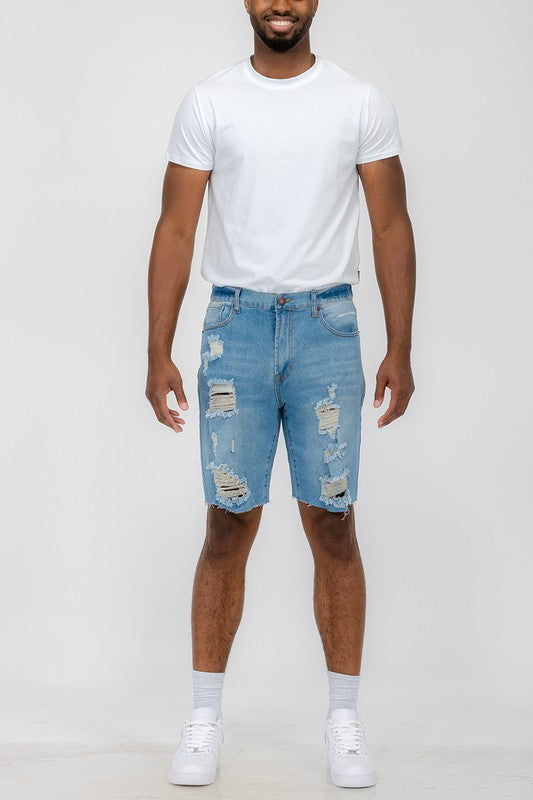 Men's Distressed Stretch Denim Shorts, 5 Pockets.