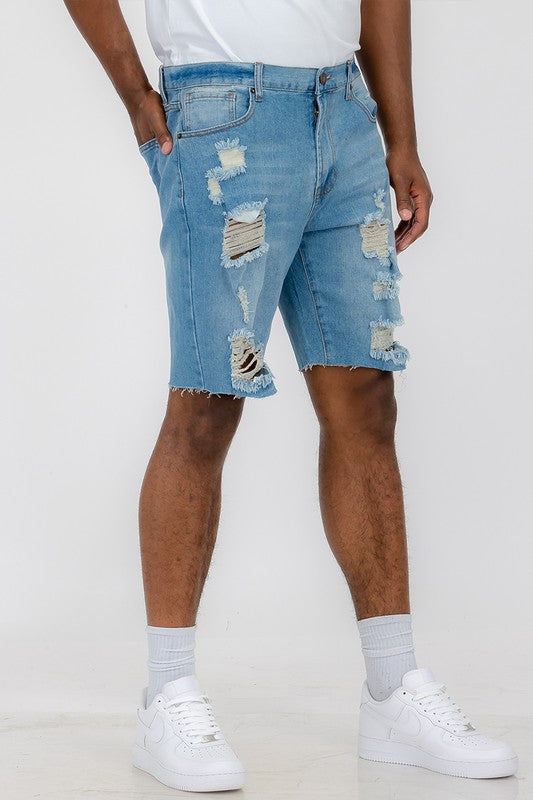 Men's Distressed Stretch Denim Shorts, 5 Pockets.