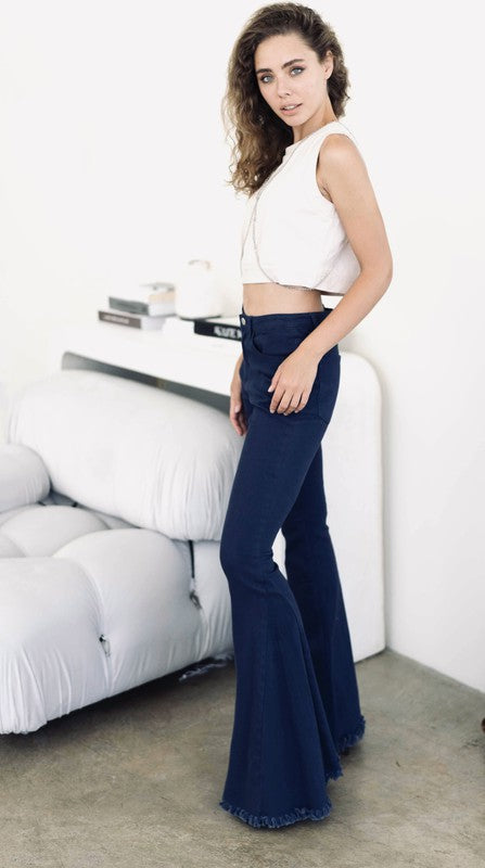 Women's Blue High Rise Wide Flare Jeans, Button Front, Stretch Fabric.