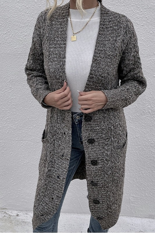 Women's Gray, Dual Pocket, Button Front Long Sleeve Cardigan. VERY POPULAR & STILL TRENDING ON GOOGLE!