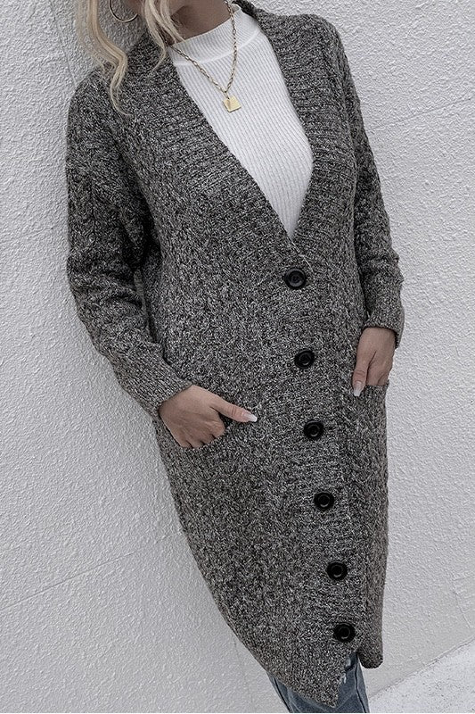Women's Gray, Dual Pocket, Button Front Long Sleeve Cardigan. VERY POPULAR & STILL TRENDING ON GOOGLE!
