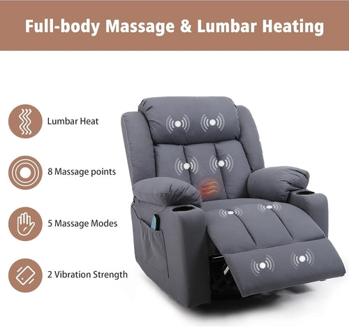 Ultimate Comfort Massage Swivel Reclining & Rocking Chair, Vibration Massage & Heating: Equipped With 8 Massage Points