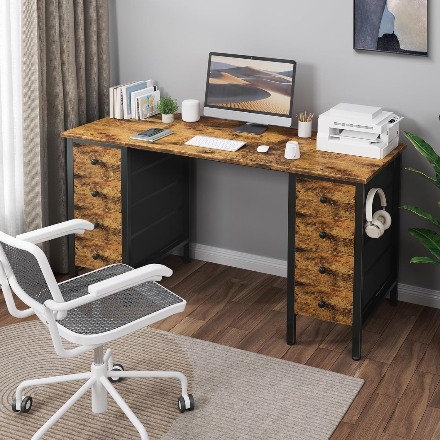 Home Office Desk With 8 Fabric Drawers For Storage, Easy Setup In Approximately 20 Minutes.