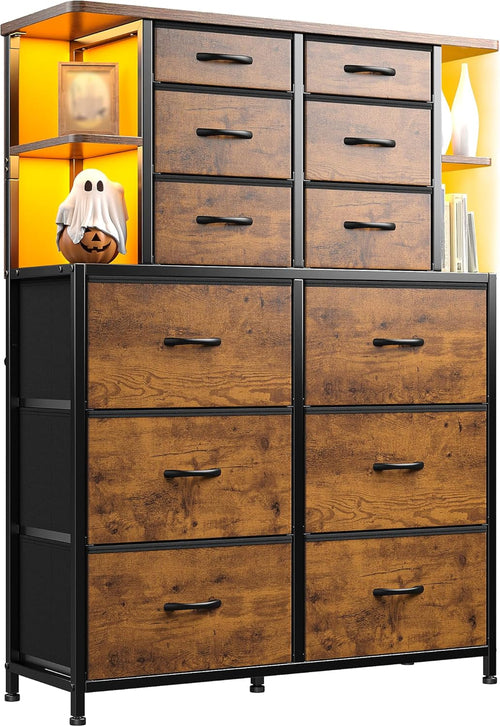 Bedroom Dresser With LED Lights In 16 Color Modes,  12 Drawers, Rustic Brown, Spacious Top Shelf...ONLY 6 MORE REMAINING!