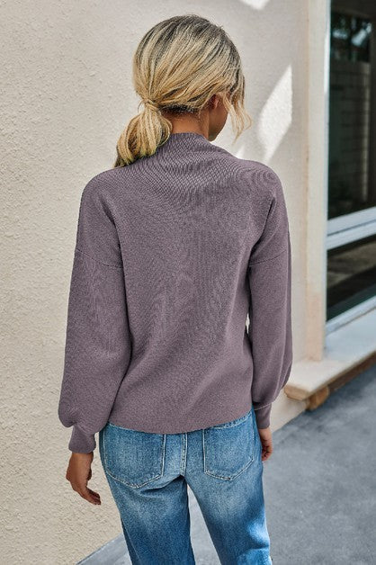 Drop Shoulder Solid Mock Neck Classic Knitted Swea
