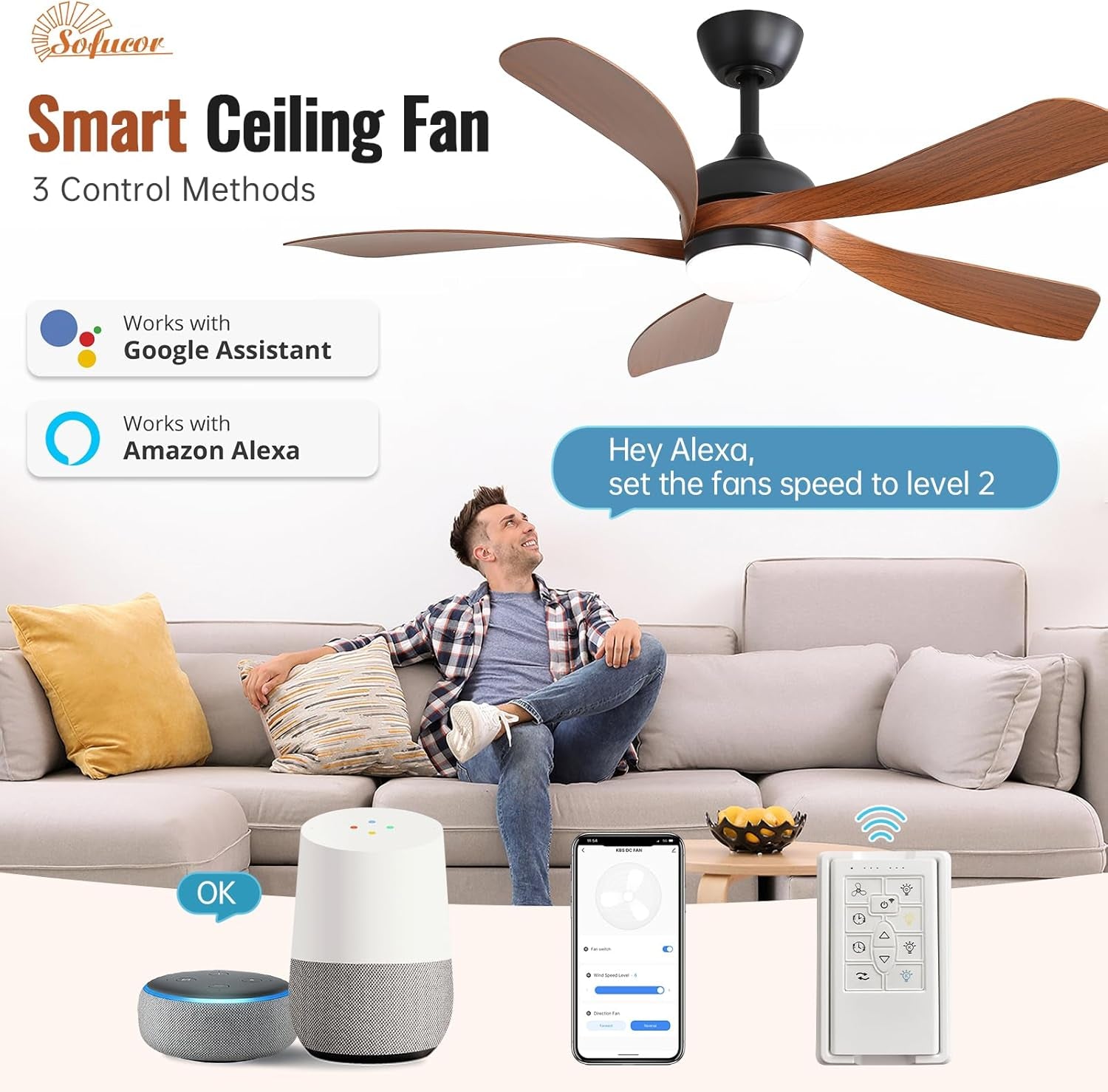 52 Inch, Smart Home Compatible Ceiling Fan, With LED Light, 3 Control Methods, Powerful Motor, Quite Reversable Design, 3 Color Temp's, Memory/Dimmable Lighting...ONLY 10 MORE IN STOCK!