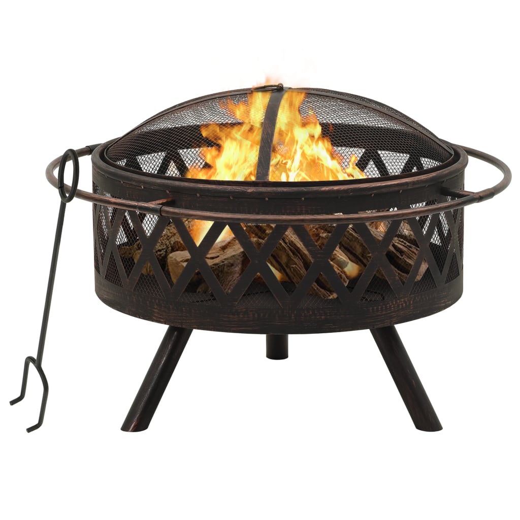 Rustic Fire Pit With Poker ,29.9" XXL Steel, Large Deep Bowl,