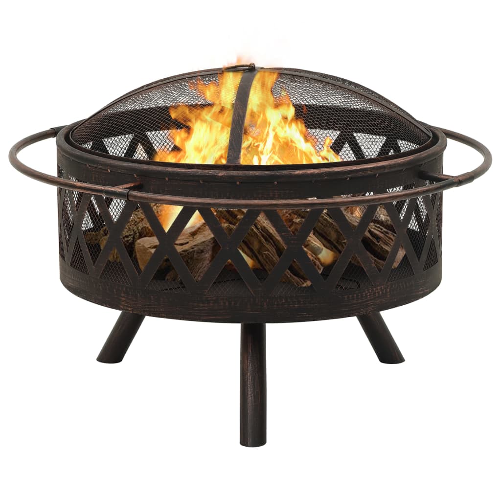 Rustic Fire Pit With Poker ,29.9" XXL Steel, Large Deep Bowl,