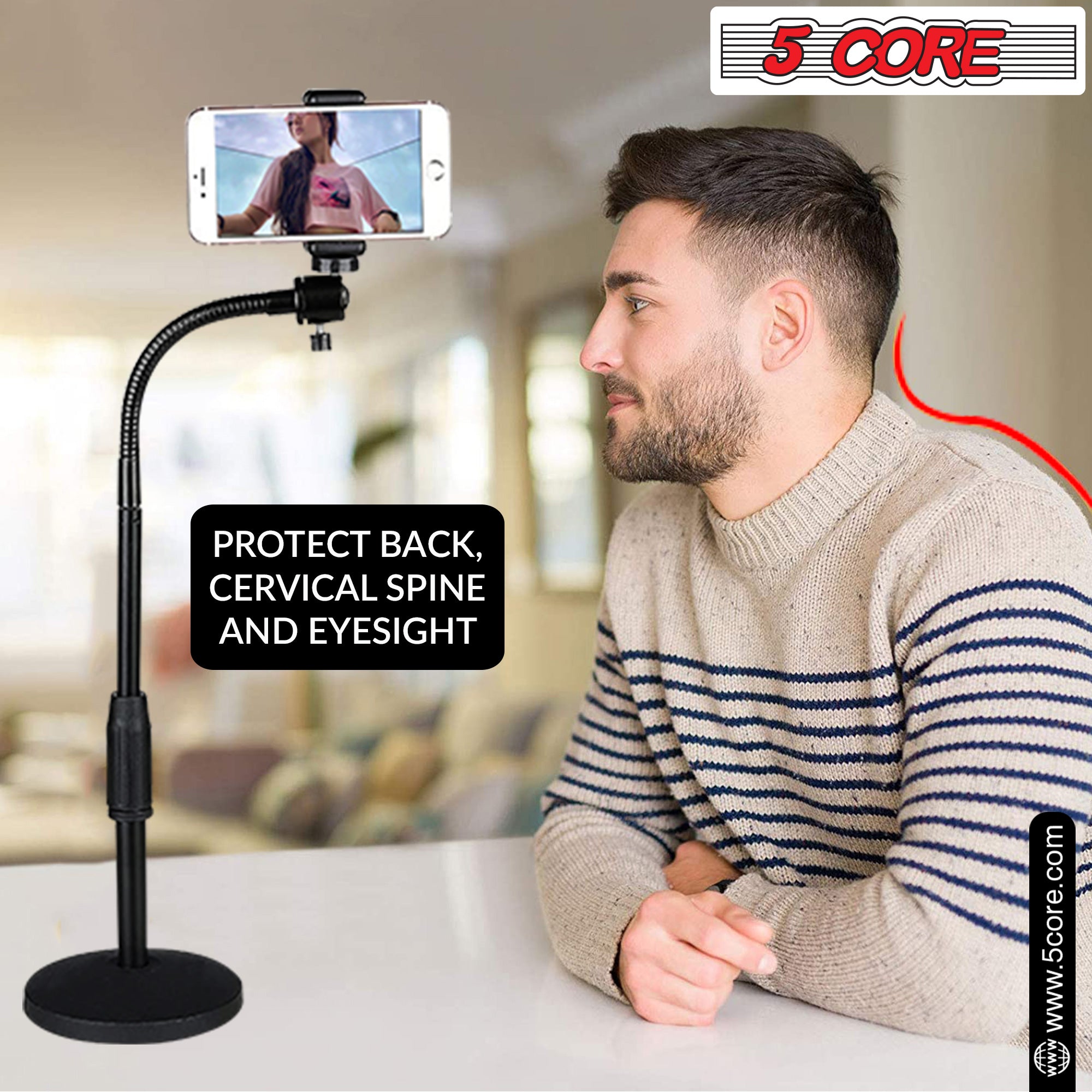 5Core Adjustable Desk Cell Phone Stand, Flexible Gooseneck For Effortless Positioning, Viewing Angle to 360 Degrees