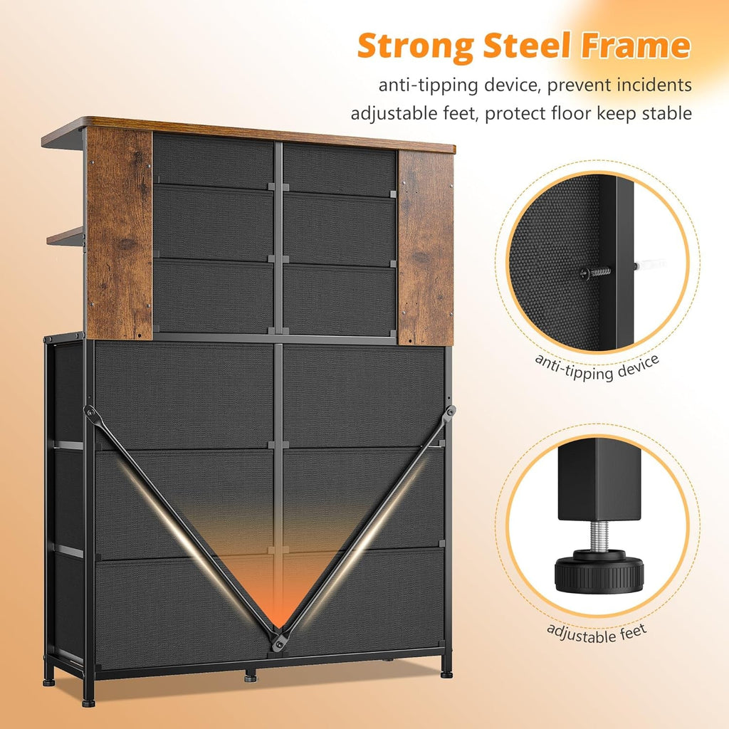 Bedroom Dresser With LED Lights In 16 Color Modes,  12 Drawers, Rustic Brown, Spacious Top Shelf...ONLY 6 MORE REMAINING!