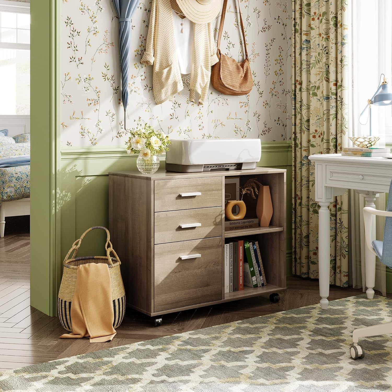 Three Drawer Mobile File Cabinet In Gray Oak With Open Shelves Printer Stand For Home Office-1