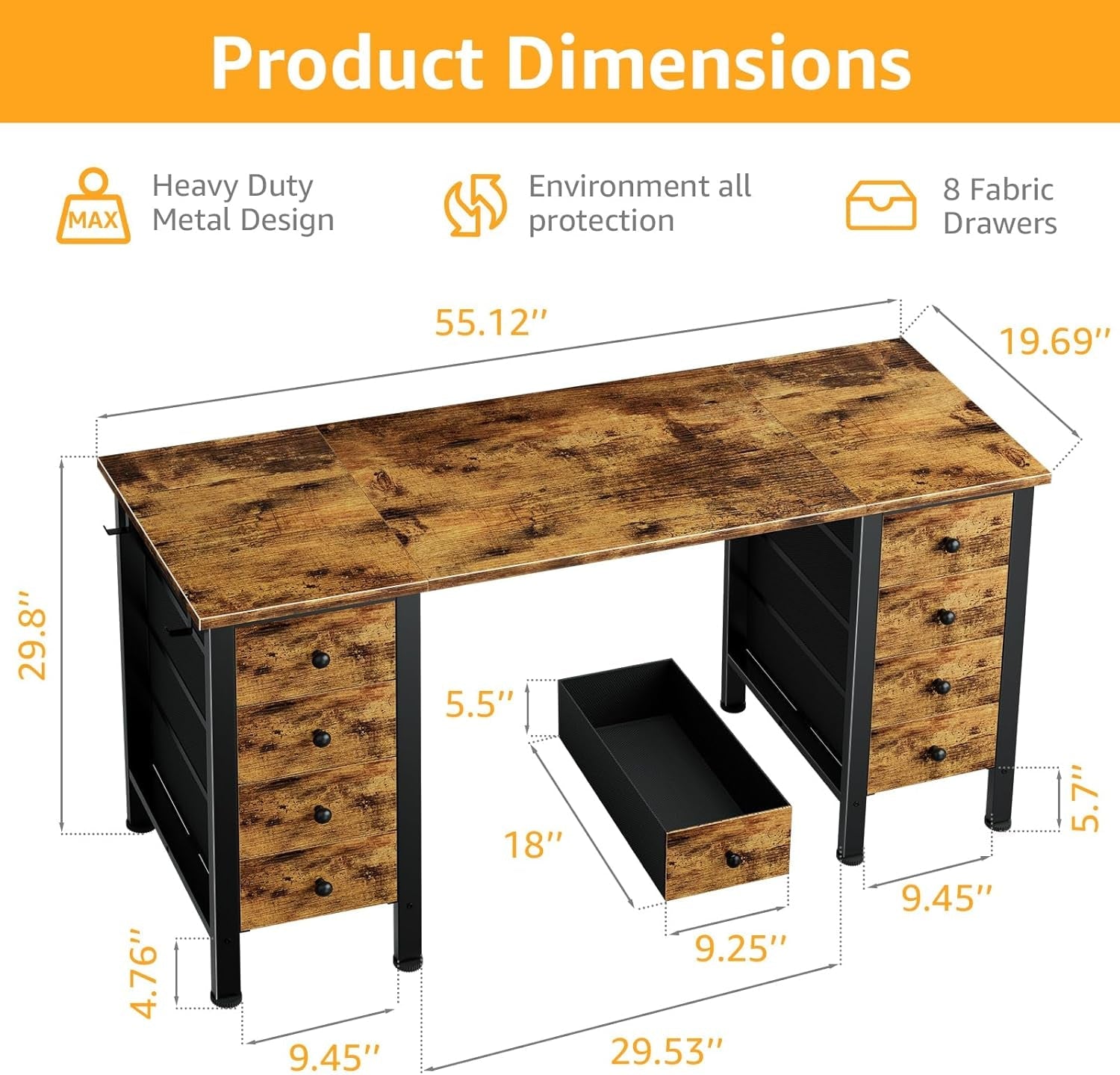 Home Office Desk With 8 Fabric Drawers For Storage, Easy Setup In Approximately 20 Minutes.