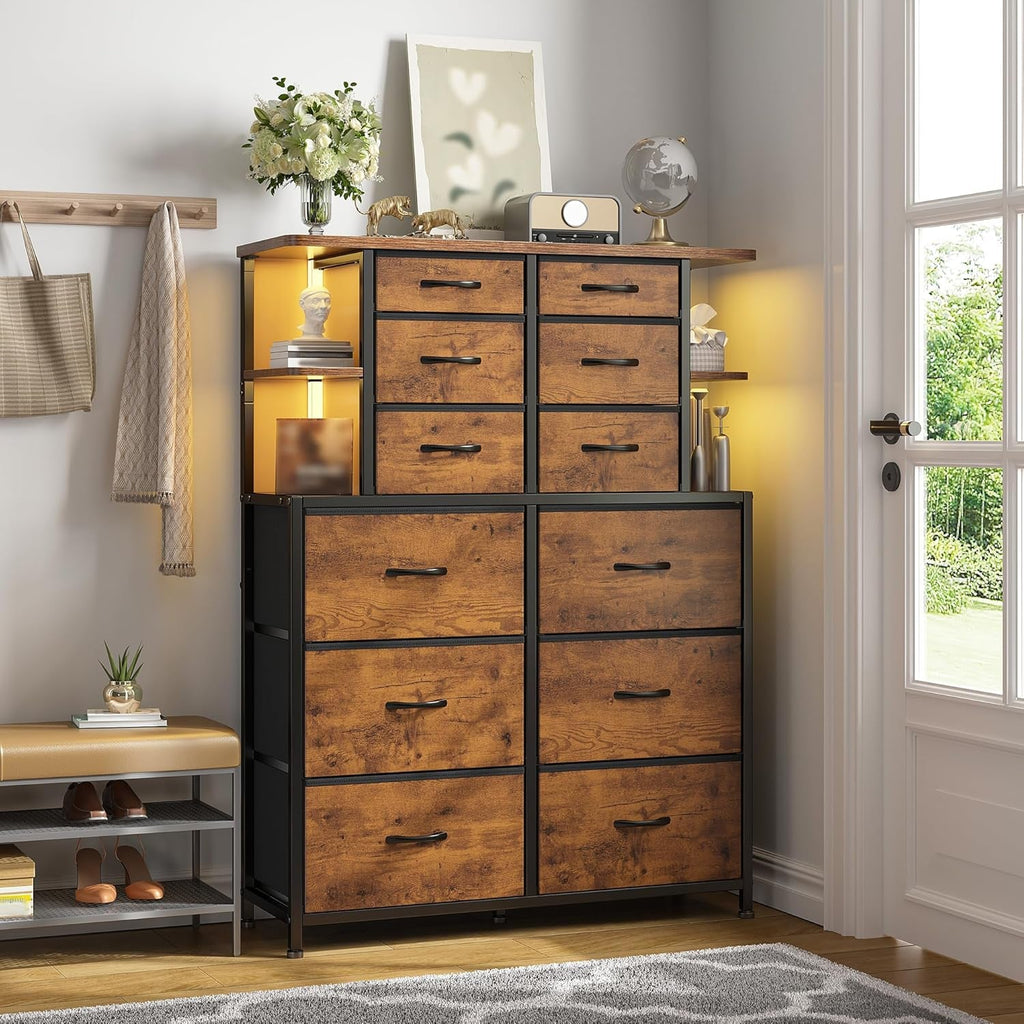 Bedroom Dresser With LED Lights In 16 Color Modes,  12 Drawers, Rustic Brown, Spacious Top Shelf...ONLY 6 MORE REMAINING!