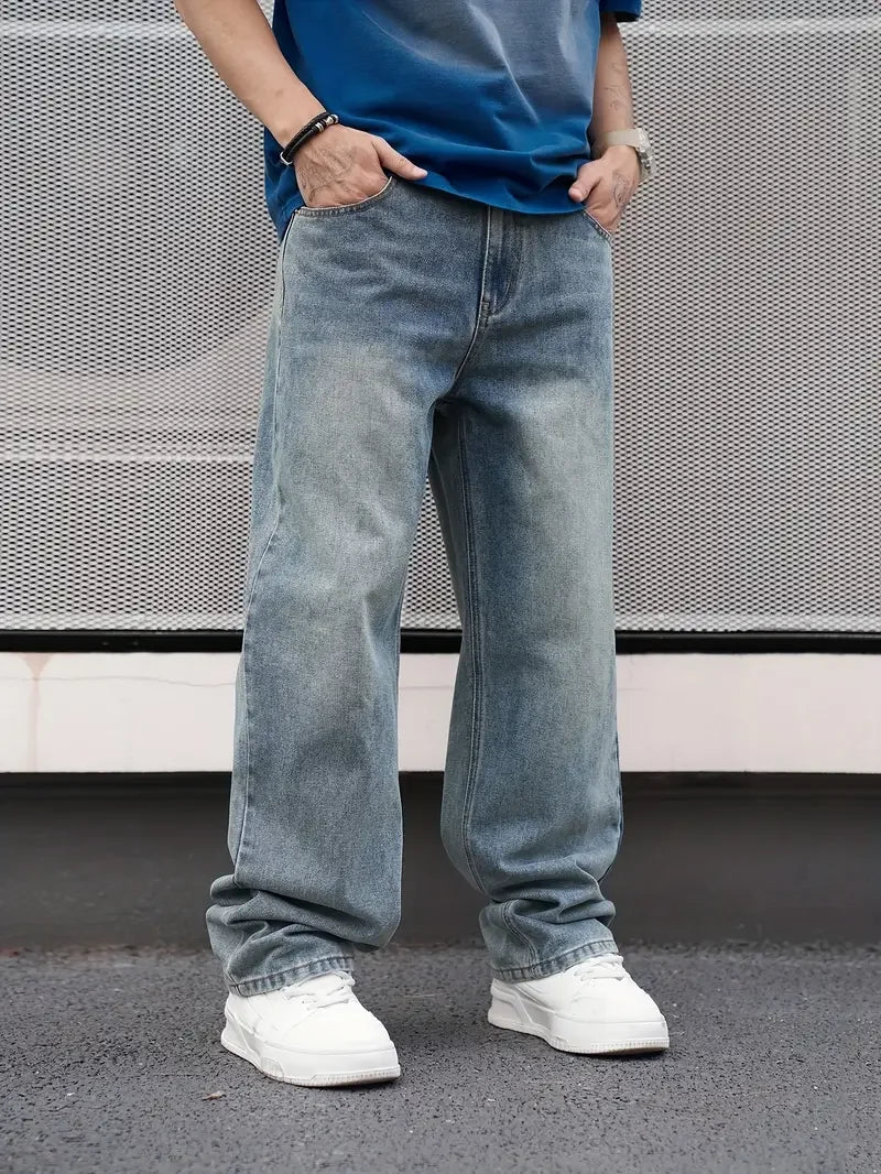 Men's Casual, Straight, Wash Jeans - Light Blue, Loose Fit, Oblique Pocket, Comfortable Blend, Suitable For Casual Wear...TRENDING THIS WEEK!