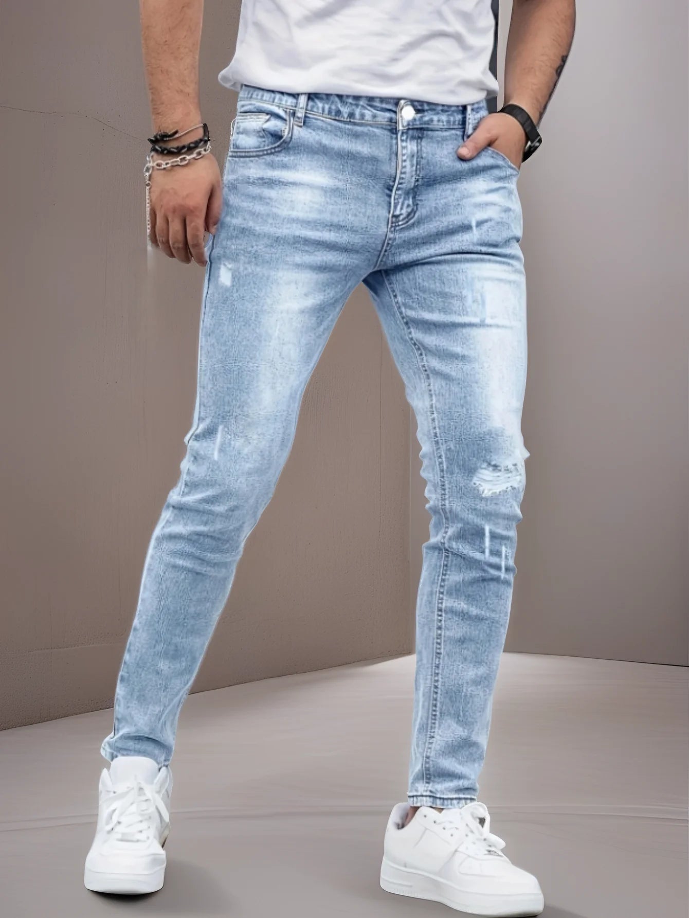 Men's Slim-Fit, Stretch Jeans - All-Season Casual, Five-Pocket, Light Blue.