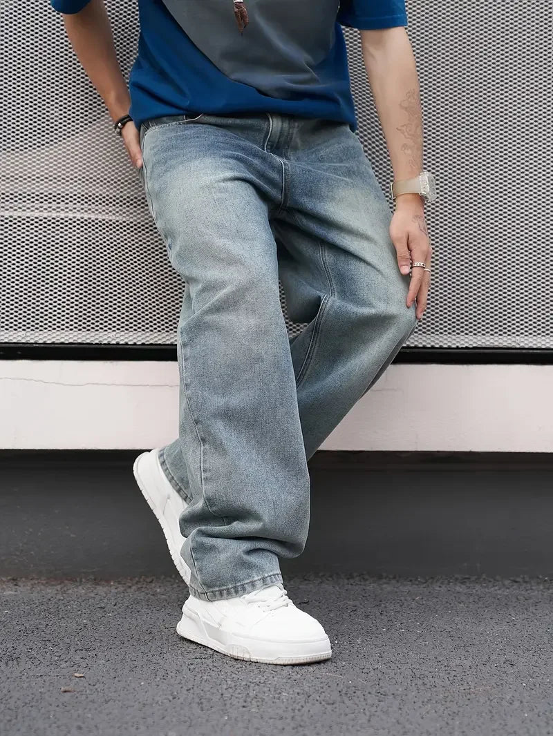 Men's Casual, Straight, Wash Jeans - Light Blue, Loose Fit, Oblique Pocket, Comfortable Blend, Suitable For Casual Wear...TRENDING THIS WEEK!