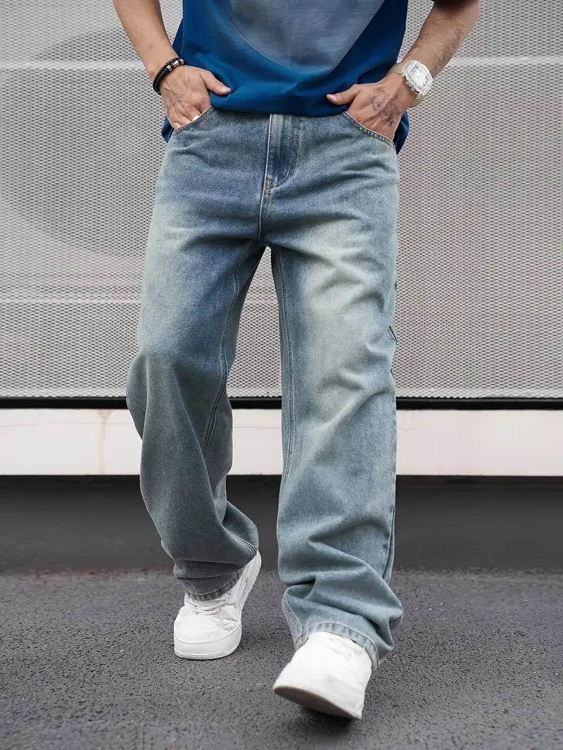 Men's Casual, Straight, Wash Jeans - Light Blue, Loose Fit, Oblique Pocket, Comfortable Blend, Suitable For Casual Wear...TRENDING THIS WEEK!