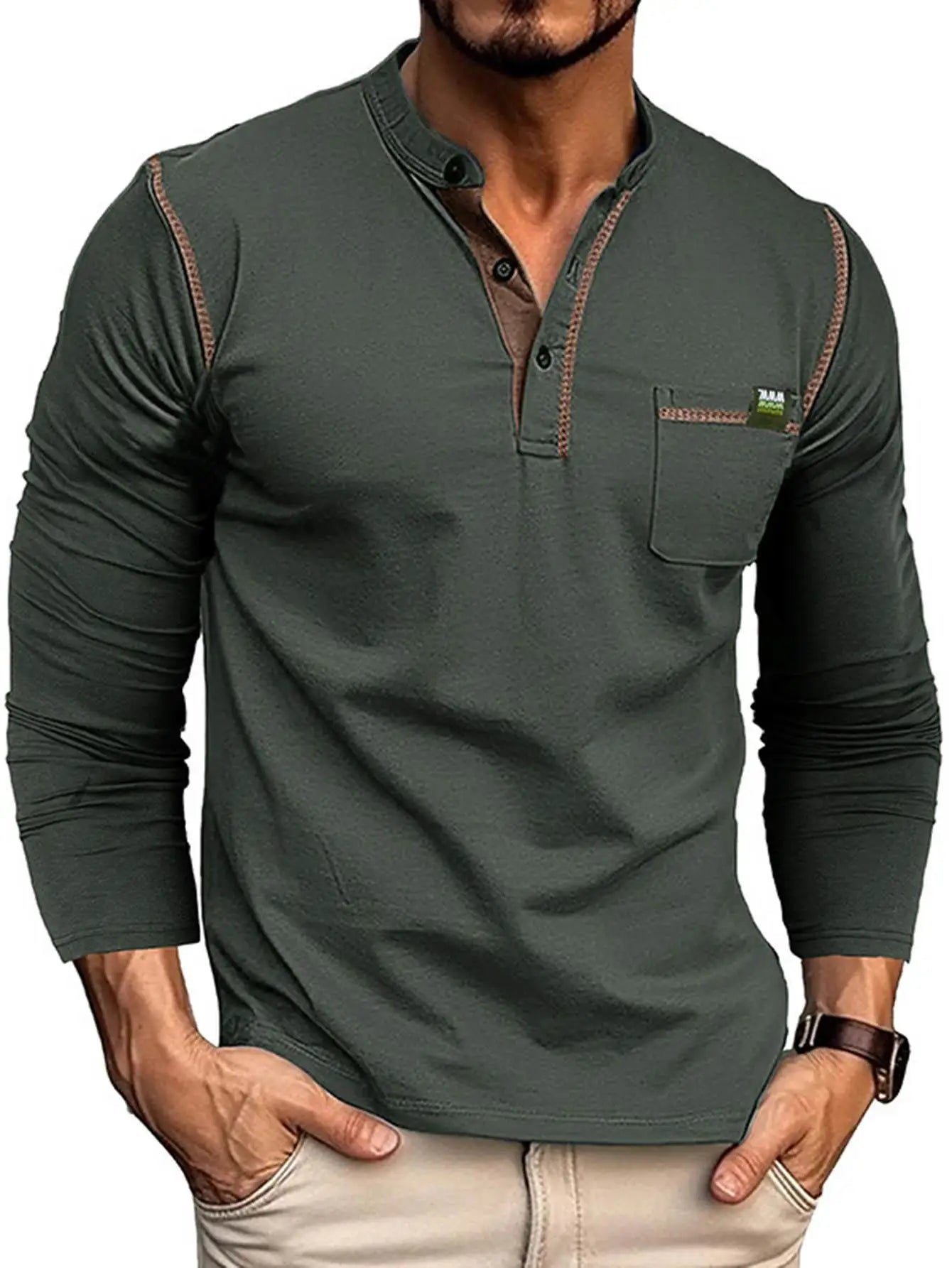 Men's Long Sleeve- Color Block, Knit  Shirt With Patch Pocket.....15% OFF!