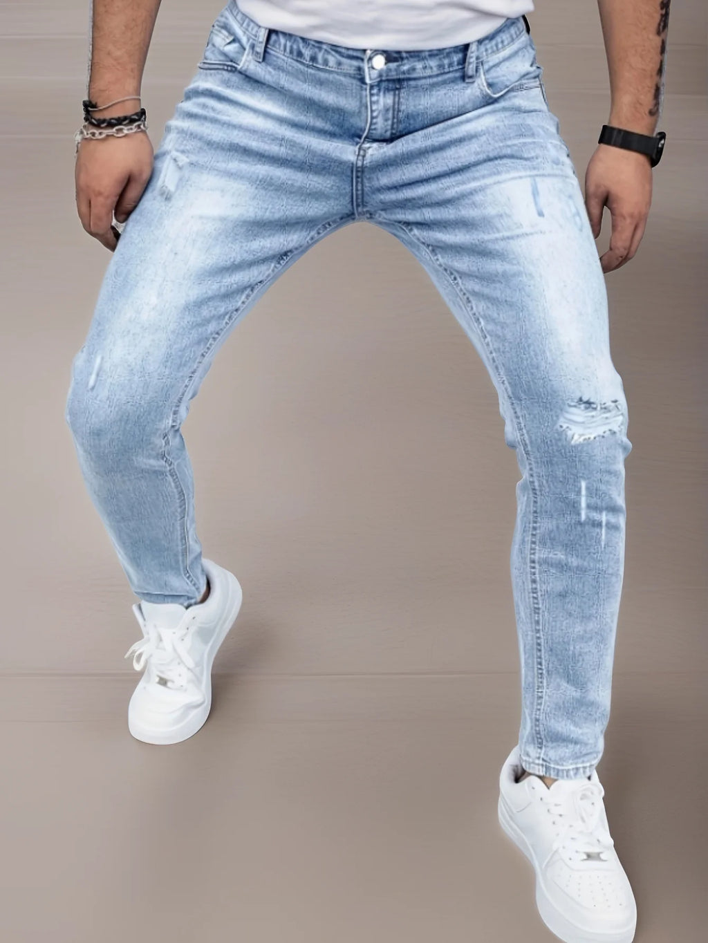 Men's Slim-Fit, Stretch Jeans - All-Season Casual, Five-Pocket, Light Blue.
