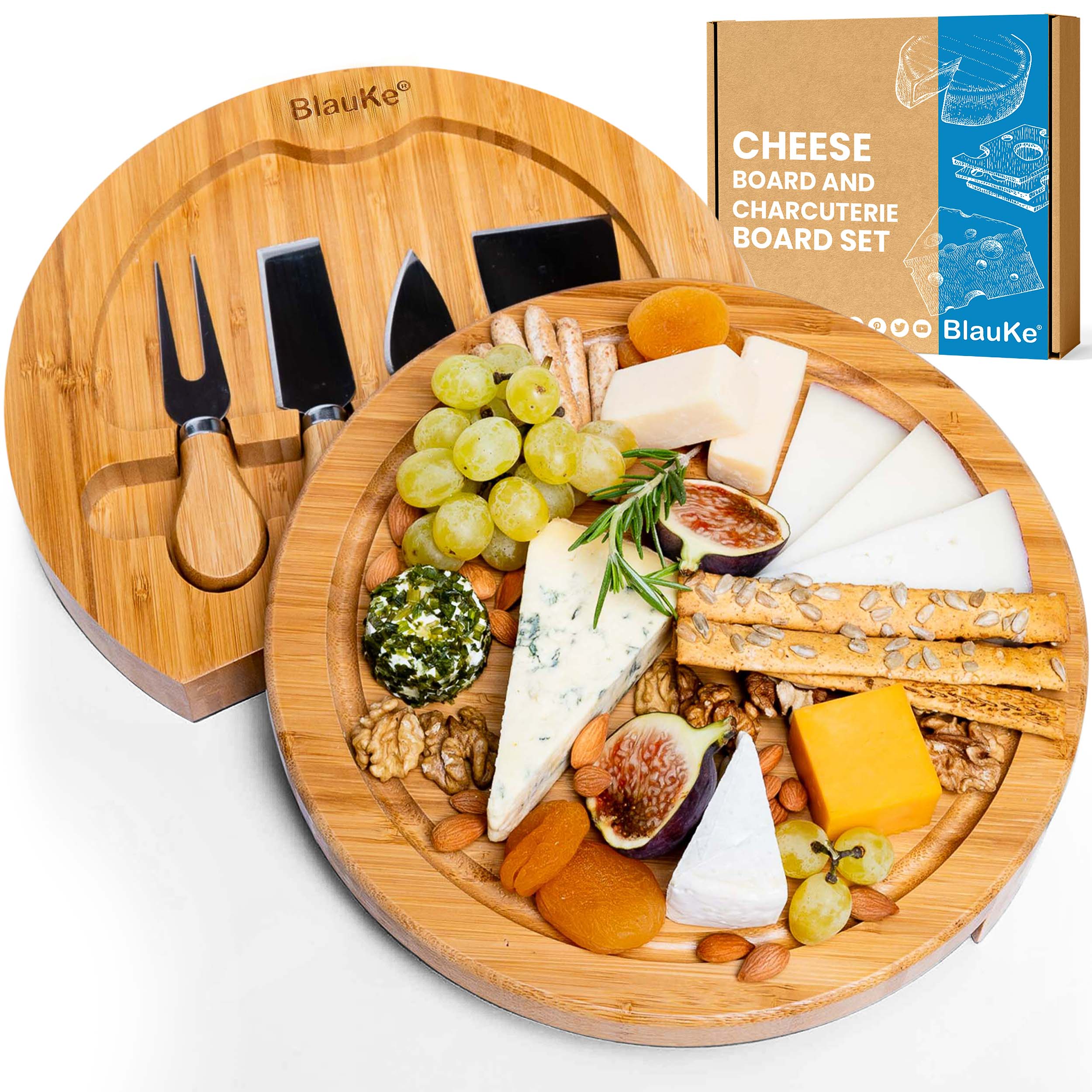 Bamboo Cheese Board & Knife Set, 10 Inch Swiveling Charcuterie Board With Slide-Out Drawer.