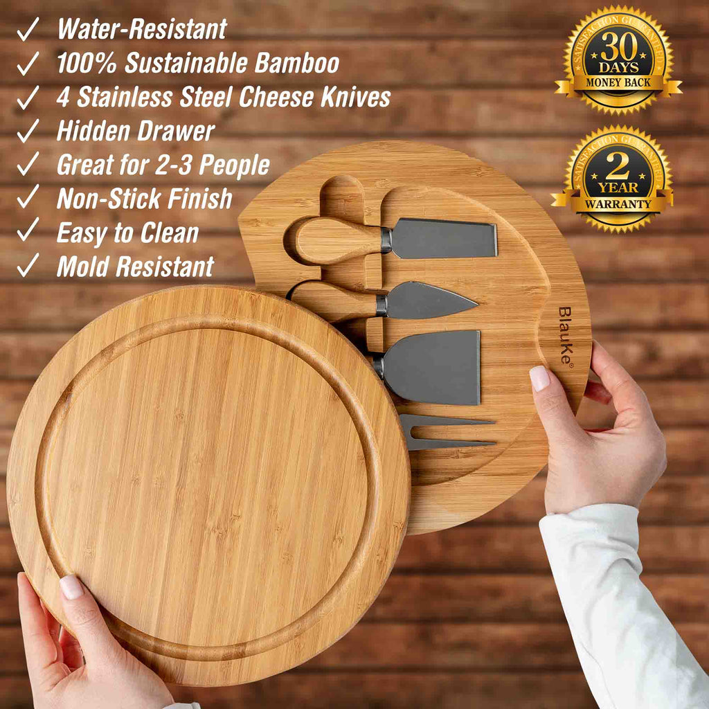 Bamboo Cheese Board & Knife Set, 10 Inch Swiveling Charcuterie Board With Slide-Out Drawer.