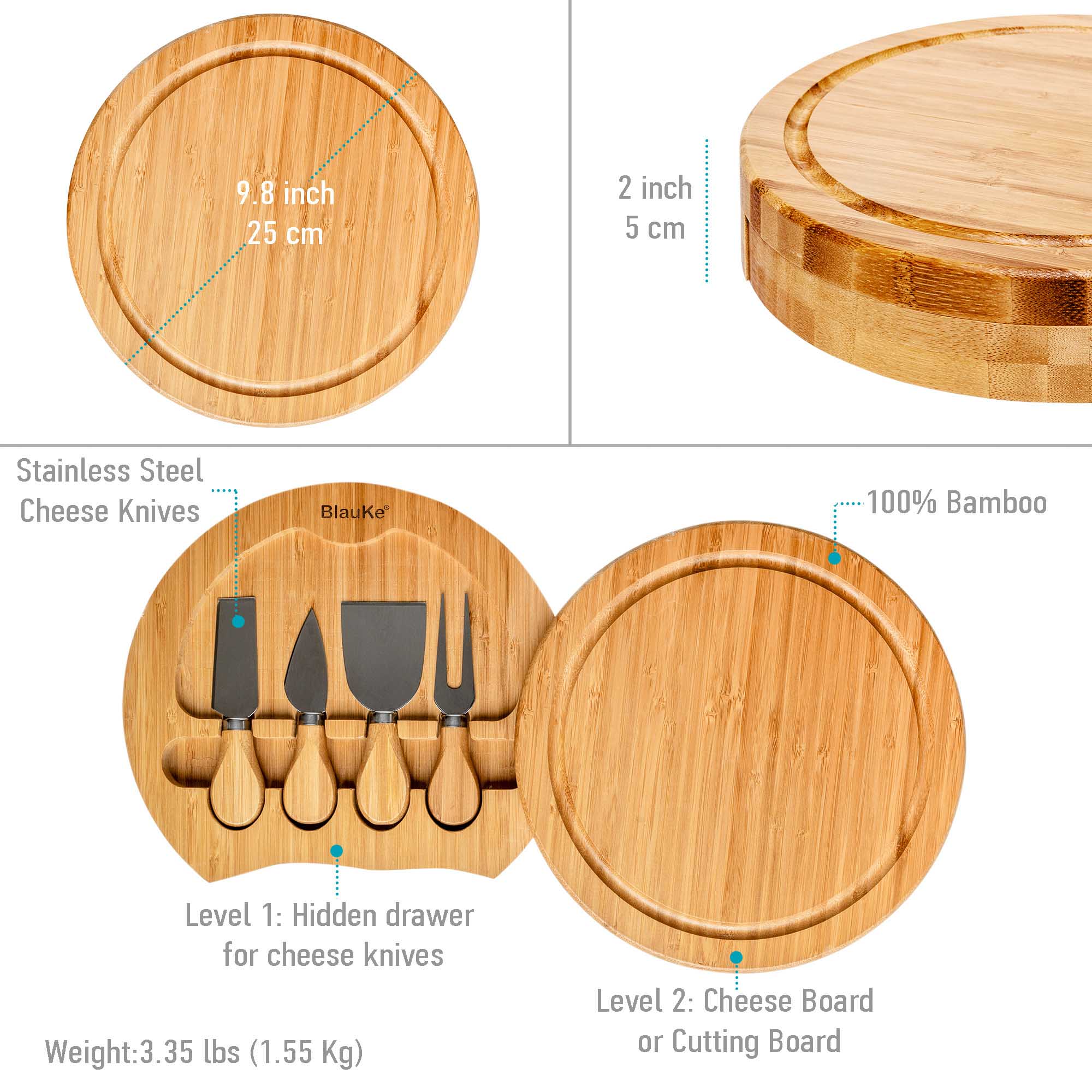 Bamboo Cheese Board & Knife Set, 10 Inch Swiveling Charcuterie Board With Slide-Out Drawer.
