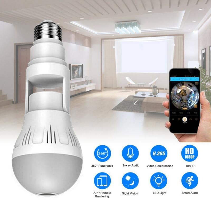 Home Security: 360° Panoramic Hidden Light Bulb Wi-Fi Camera, Outstanding Night Vision, 24 Hour Monitoring, Microphone & Speaker, remote Control From Your Phone