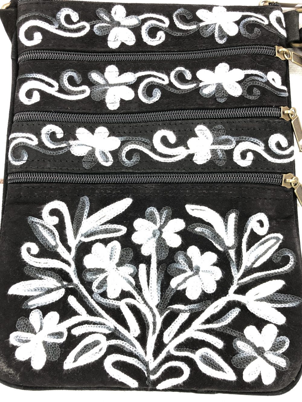 Women's Suede, Embroidered, Gray & Black, Five Zipper, Crossbody Bag. ONLY 26 REMAINING IN STOCK!