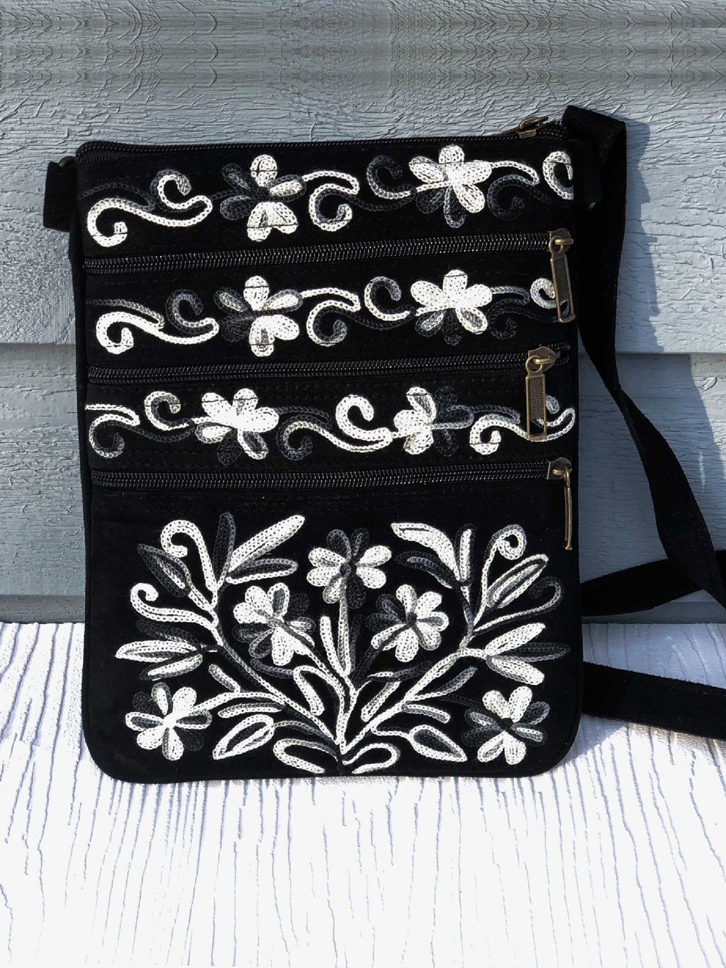 Women's Suede, Embroidered, Gray & Black, Five Zipper, Crossbody Bag. ONLY 26 REMAINING IN STOCK!