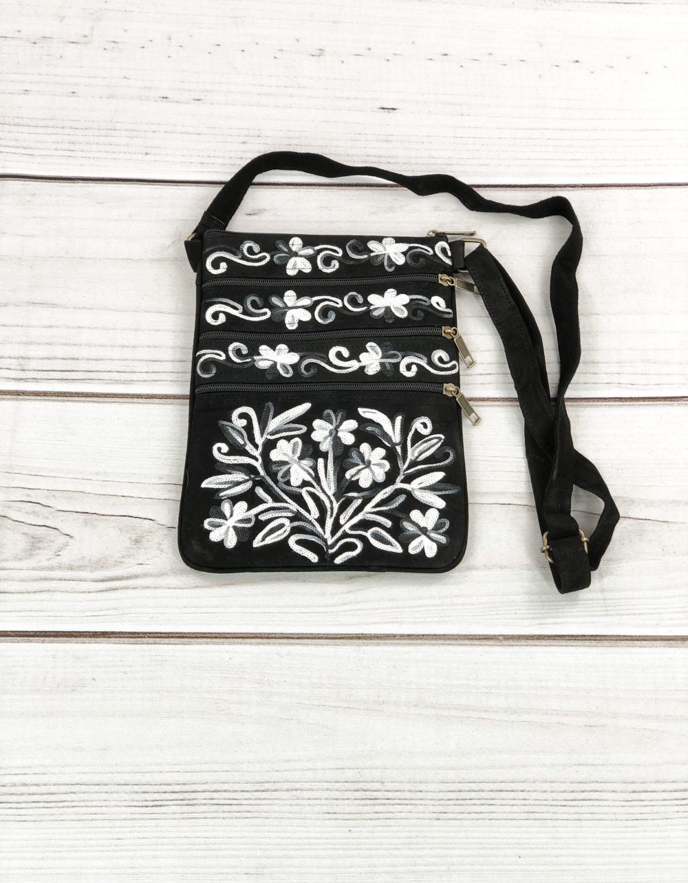 Women's Suede, Embroidered, Gray & Black, Five Zipper, Crossbody Bag. ONLY 26 REMAINING IN STOCK!