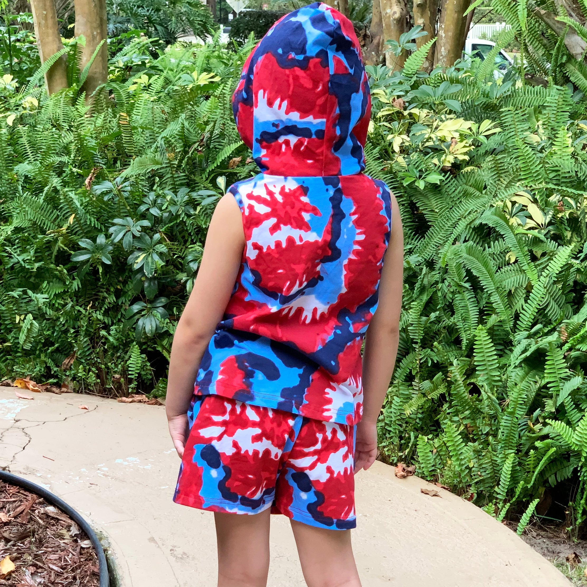 Girls & Boys Red- White- & Blue Tie Dye Hoodie Tank & Shorts Set, 4th of July.