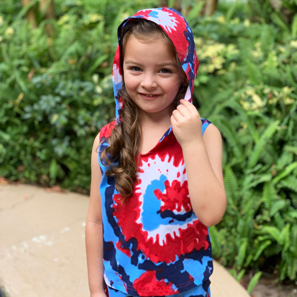 Girls & Boys Red- White- & Blue Tie Dye Hoodie Tank & Shorts Set, 4th of July.