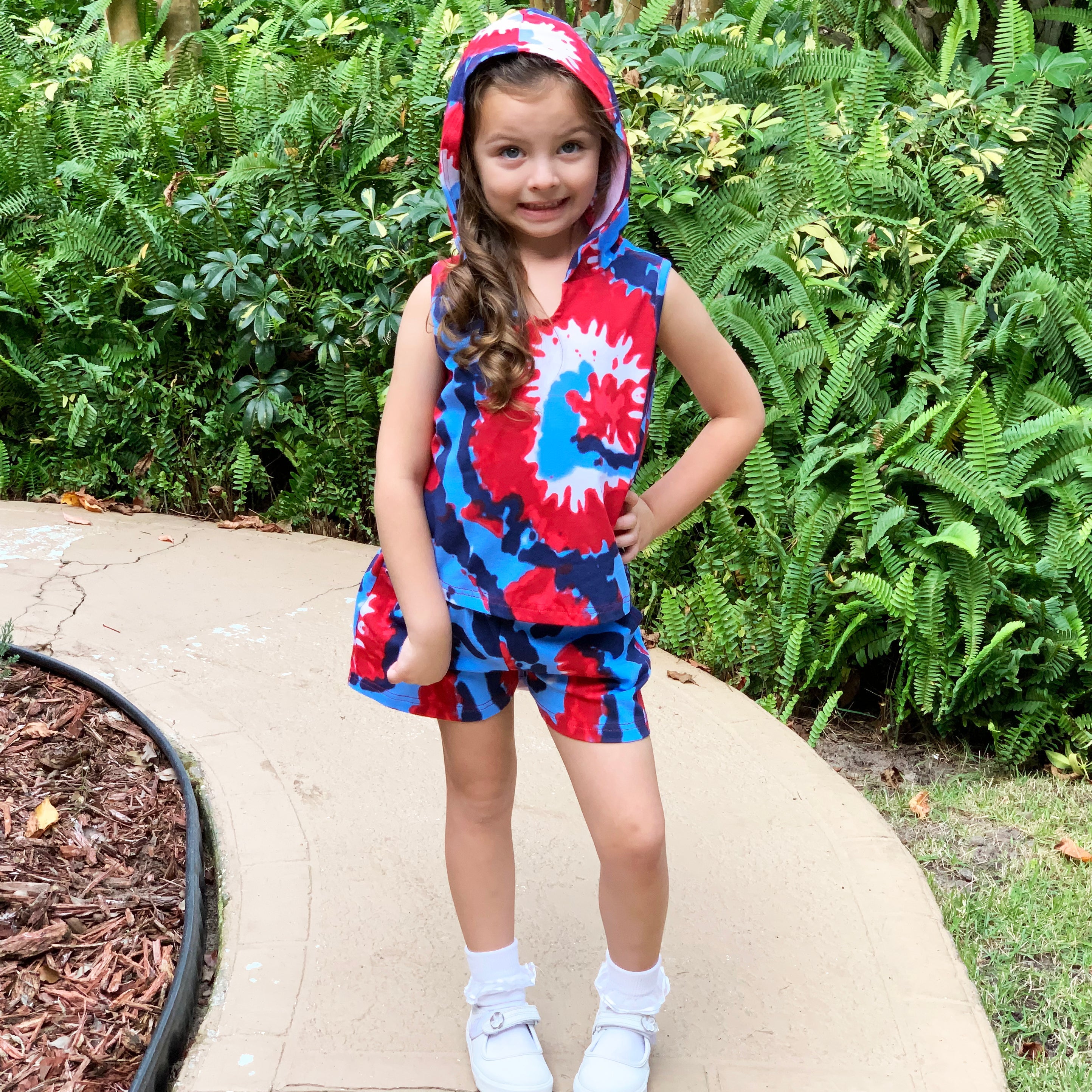 Girls & Boys Red- White- & Blue Tie Dye Hoodie Tank & Shorts Set, 4th of July.