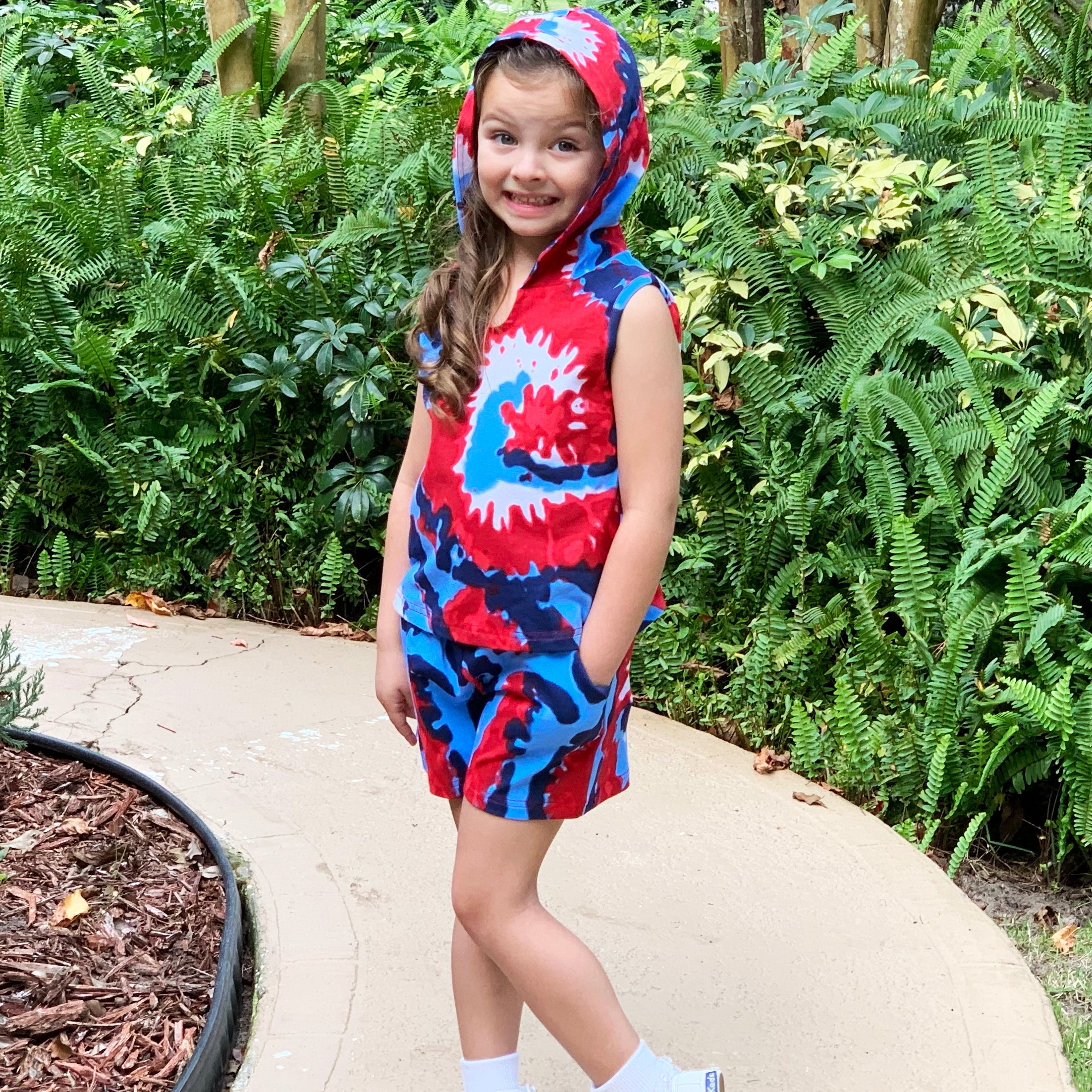 Girls & Boys Red- White- & Blue Tie Dye Hoodie Tank & Shorts Set, 4th of July.