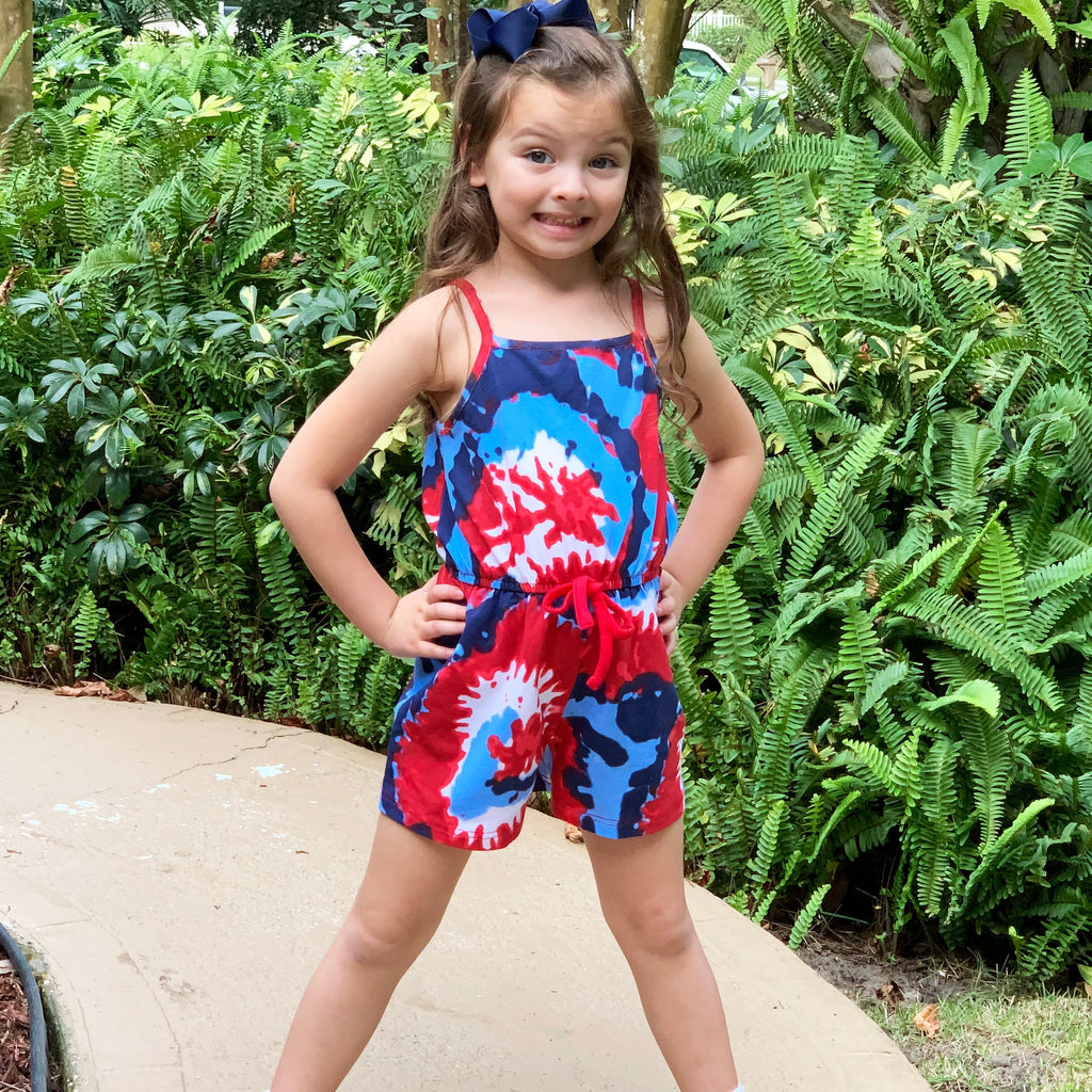 Girls Tie Dye, 4th of July Shorts-Jumpsuit Summer Romper.