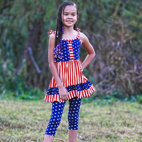 Girls 4th Of July, Stars & Striped Dress & Capri Leggings