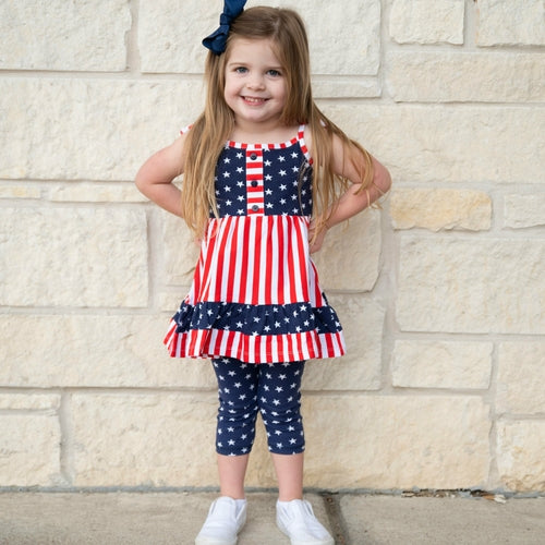 Girls 4th Of July, Stars & Striped Dress & Capri Leggings